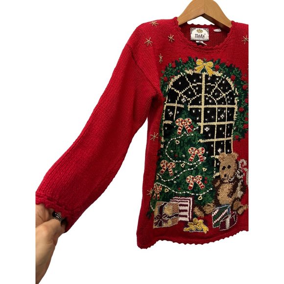 Tiara International Design Beaded Embroidered Bear Whimsical Bear Christmas Swea - Picture 2 of 10